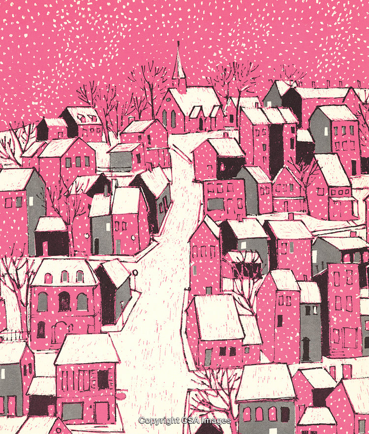 Pink Winter Village Illustration with Snowfall and Quaint Architecture