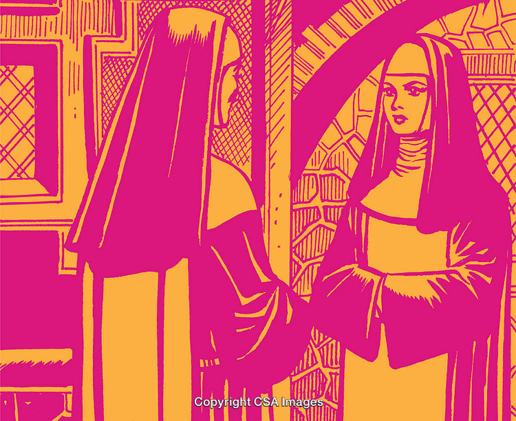 Colorful Illustration of Two Individuals in Conversation in Religious Attire
