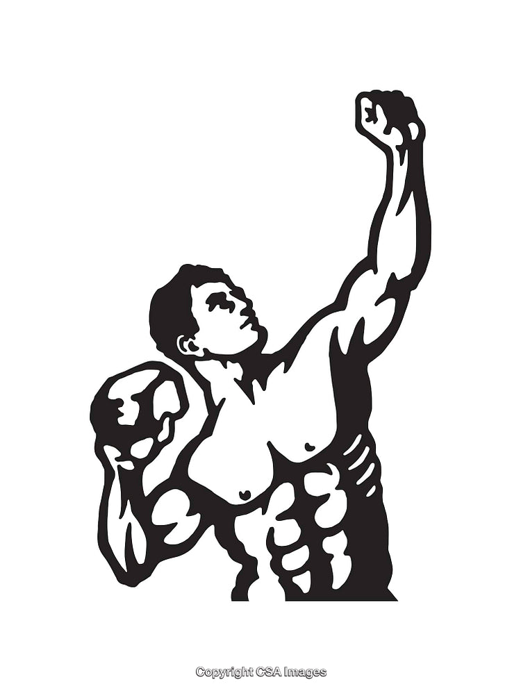 Black and White Line Art of a Muscular Male Figure Raising a Fist