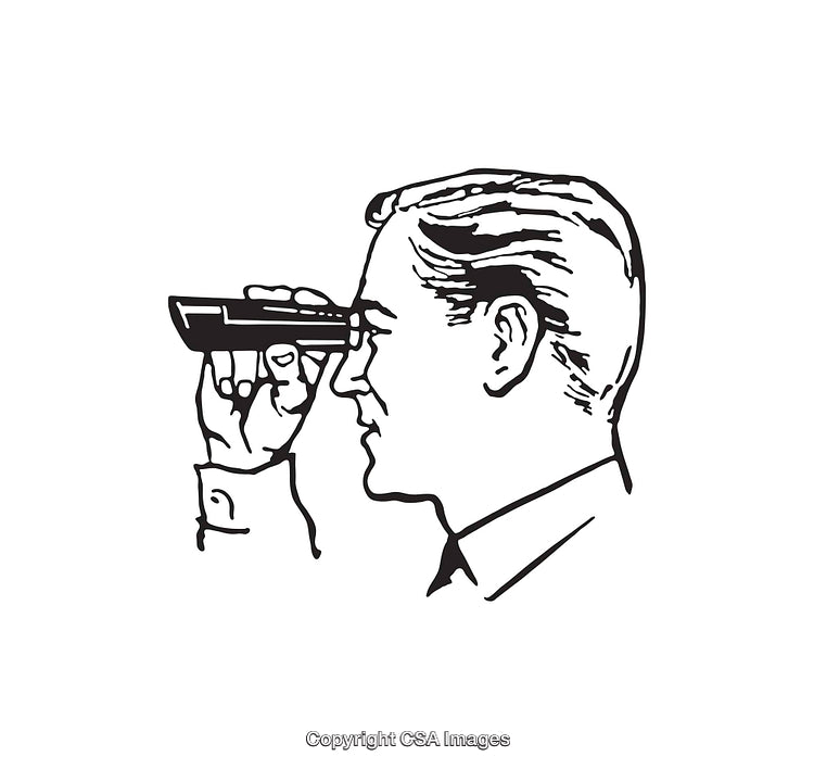 Black and White Illustration of Man Looking Through a Small Telescope