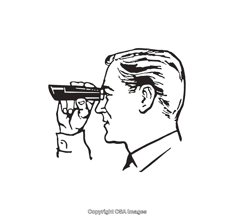 Black and White Illustration of Man Looking Through a Small Telescope