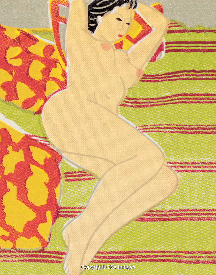 Artistic Representation of Reclining Woman on Colorful Textile Background