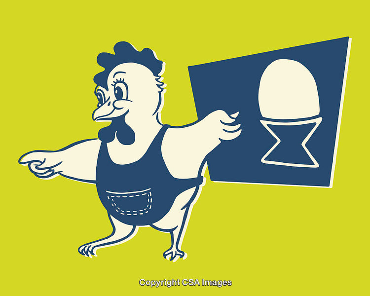 Cheerful Chicken Mascot Holding a Sign Depicting an Egg Illustration