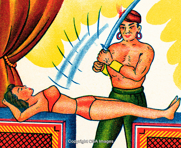 Vintage Illustration Representing a Magic Sword-Trick Performance Scene