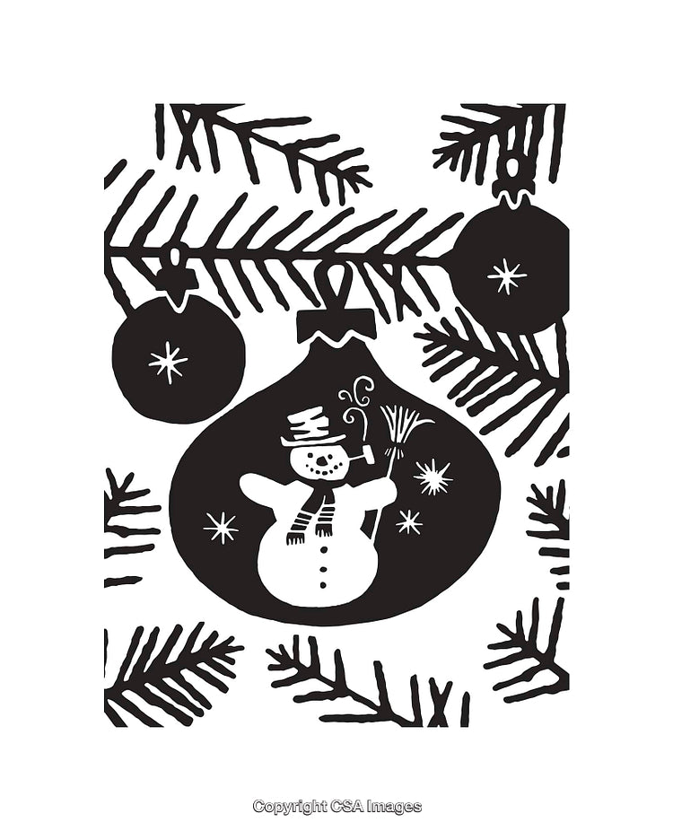 Black and White Christmas Line Art of Snowman and Decorations