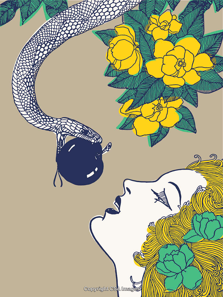 Colorful Snake and Woman Line Illustration with Yellow Floral Details