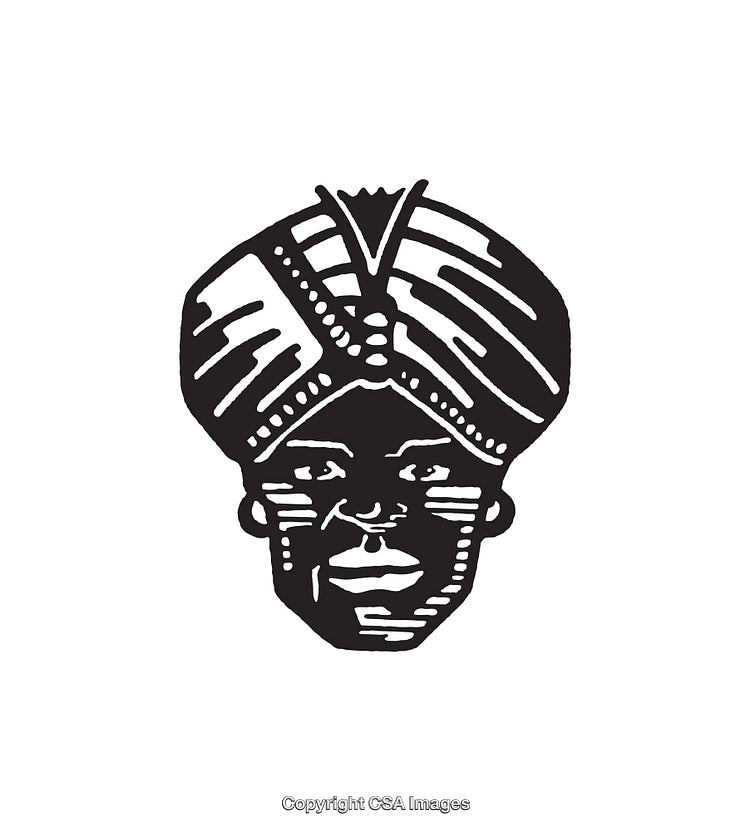 Black and White Line Art of a Face Adorned with a Turban