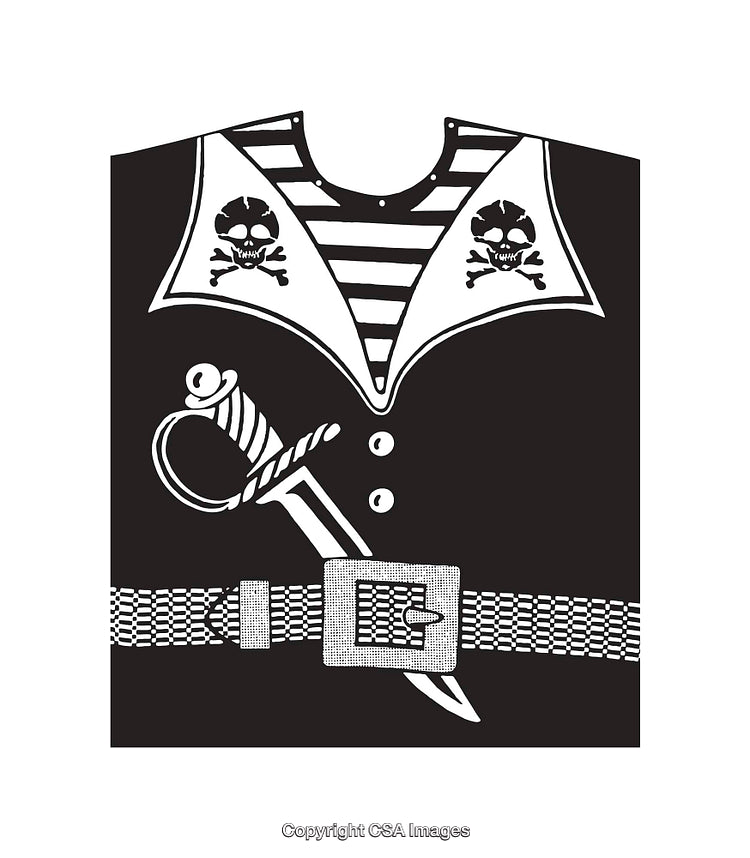 Monochrome Pirate Costume Design with Skull and Saber Graphics