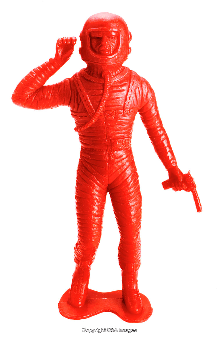 Bright Red Plastic Astronaut Figurine Holding Ray Gun