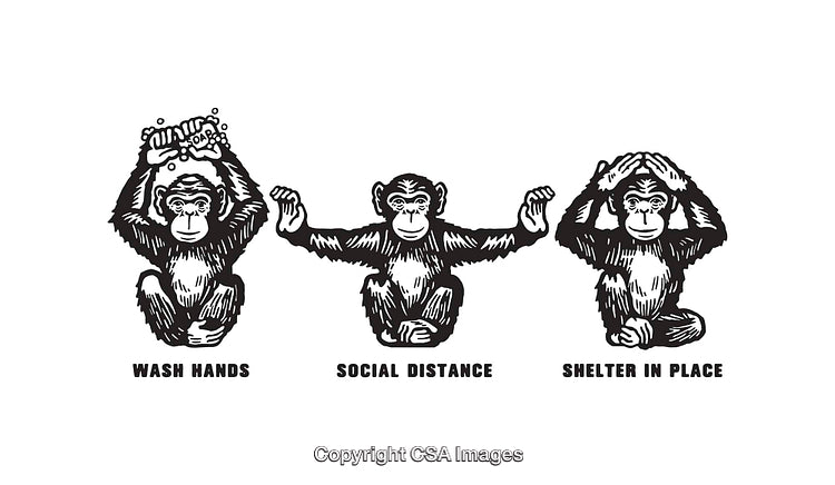 Black and White Line Art Illustrating Wash Hands, Social Distance, and Shelter Rules