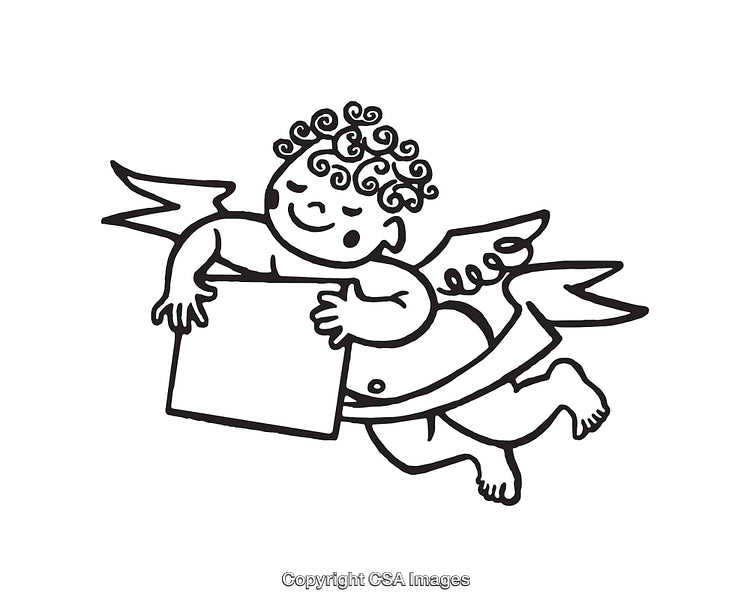 Black and White Line Art of a Flying Cherub with Wings