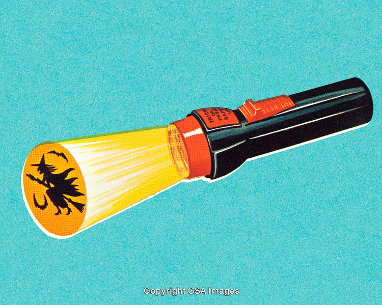 Vintage Flashlight Projecting Witch Flying Design on Halloween Background
