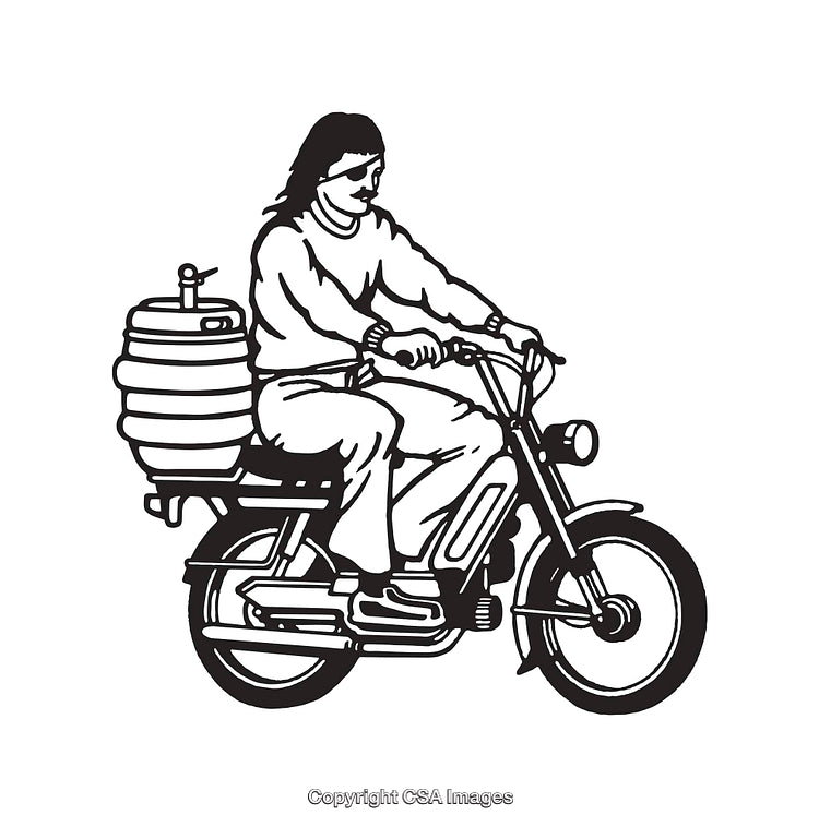 Black And White Illustration of a Motorcycle Rider Transporting a Barrel