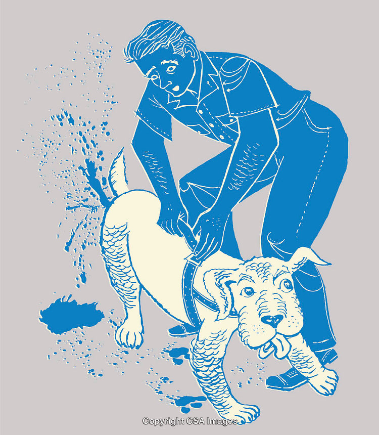 Illustrated Scene of Man Handling Dog Amidst Chaos and Humor