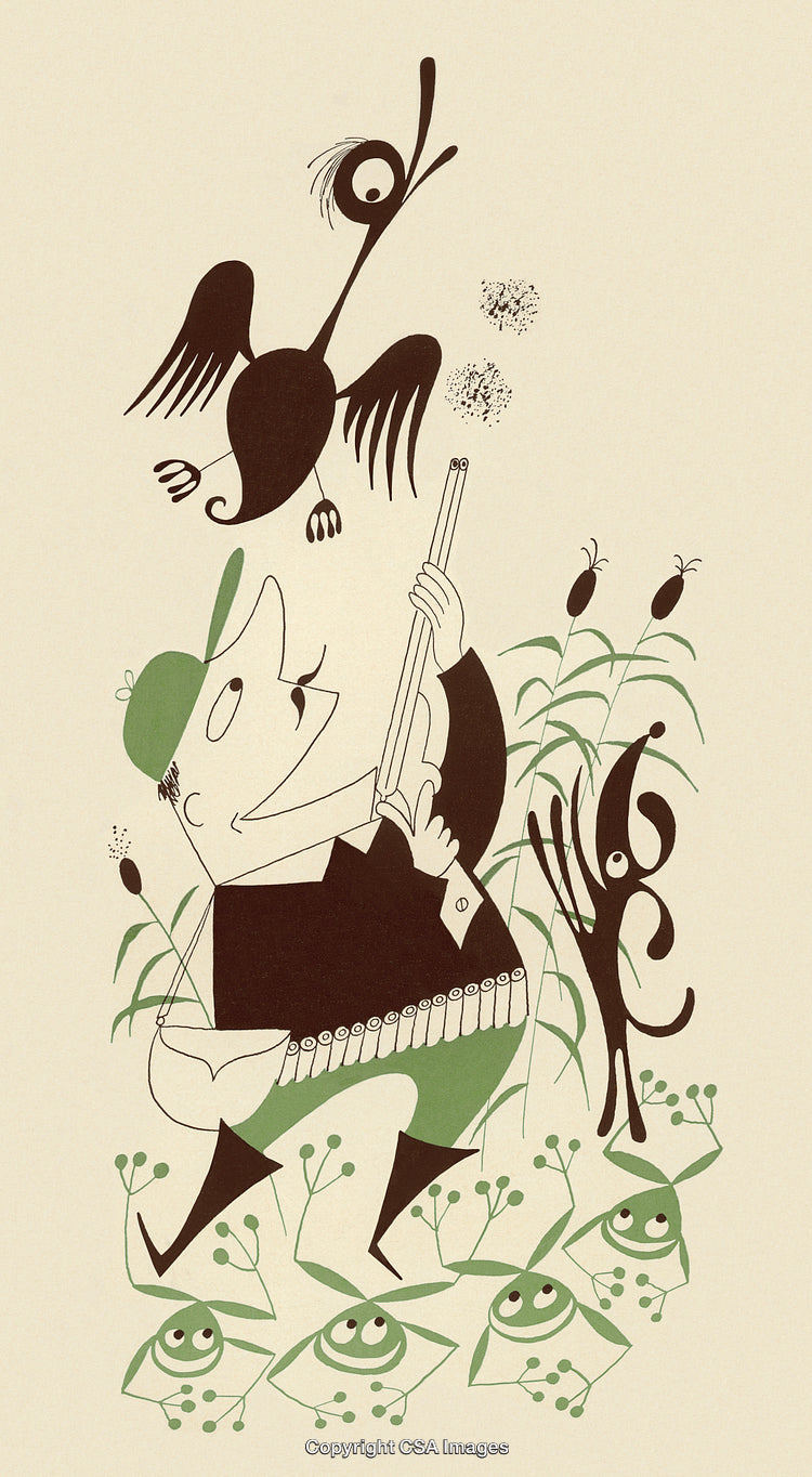 Whimsical Cartoon of Hunter and Animated Nature Scene with Unique Artistic Style