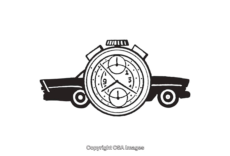 Black And White Illustration Of Stopwatch Overlaying Classic Vintage Car