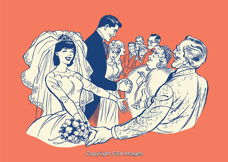 Retro Wedding Ceremony Scene Featuring Happy Bride, Groom, and Guests