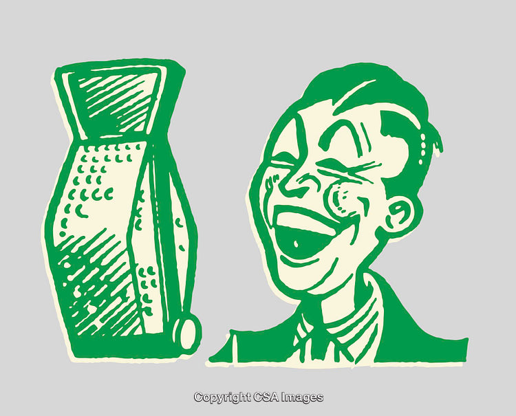 Vintage Green Line Art Illustration of a Laughing Man and Object