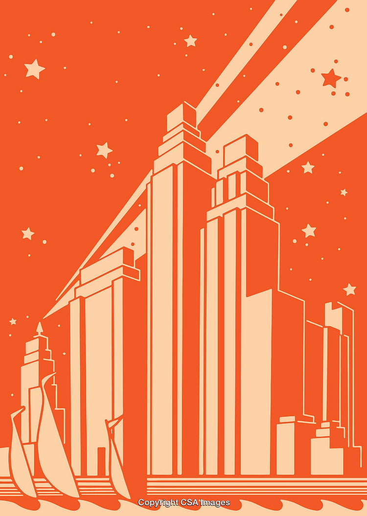 Art Deco Inspired Cityscape with Skyscrapers and Sailing Theme