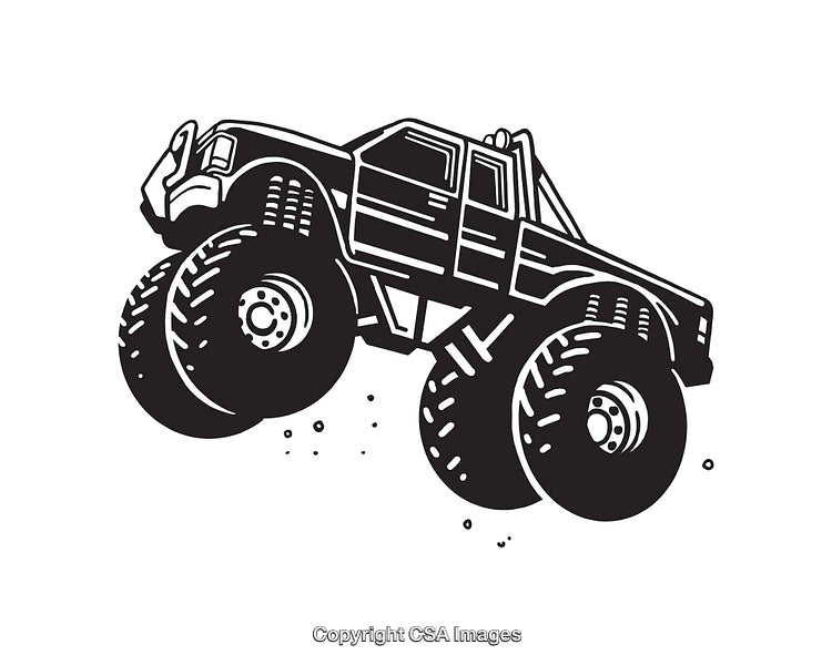 Black and White Illustration of a Monster Truck Jumping