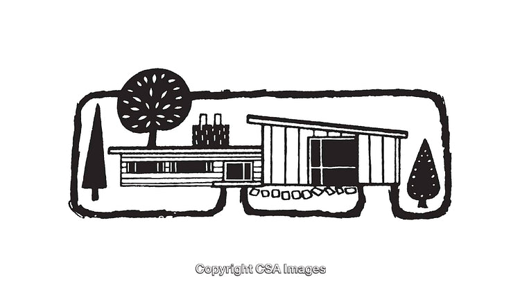 Black and White Line Art of a Modern House with Trees