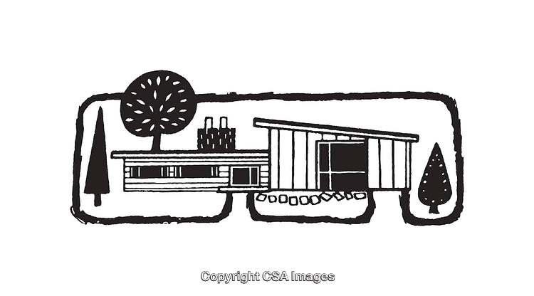 Black and White Line Art of a Modern House with Trees