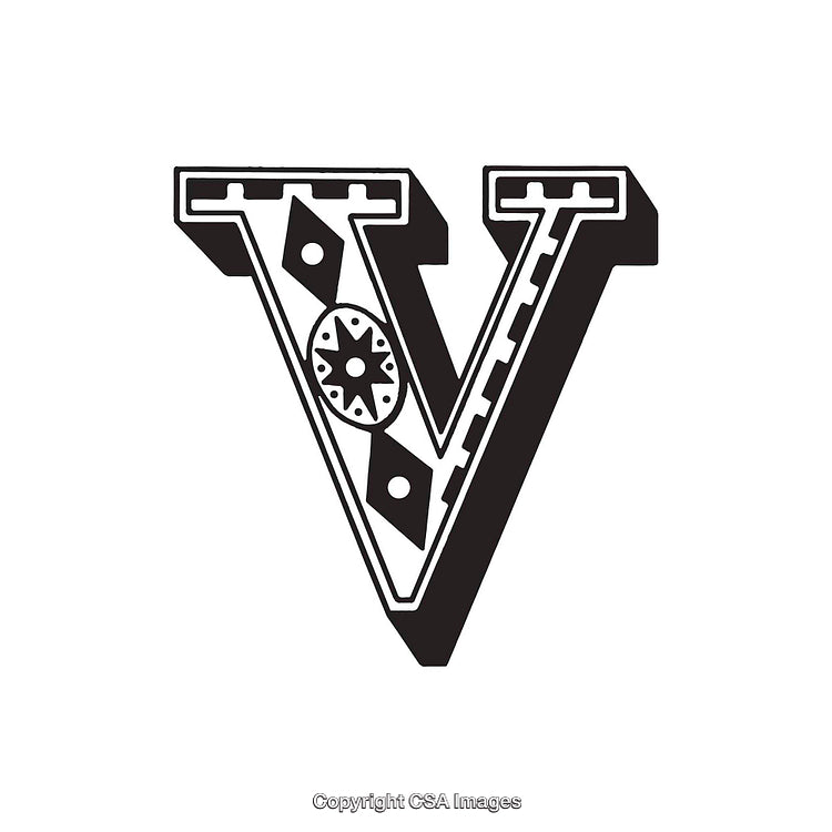 Vintage Ornamental Letter V with Decorative Patterns in Monochrome