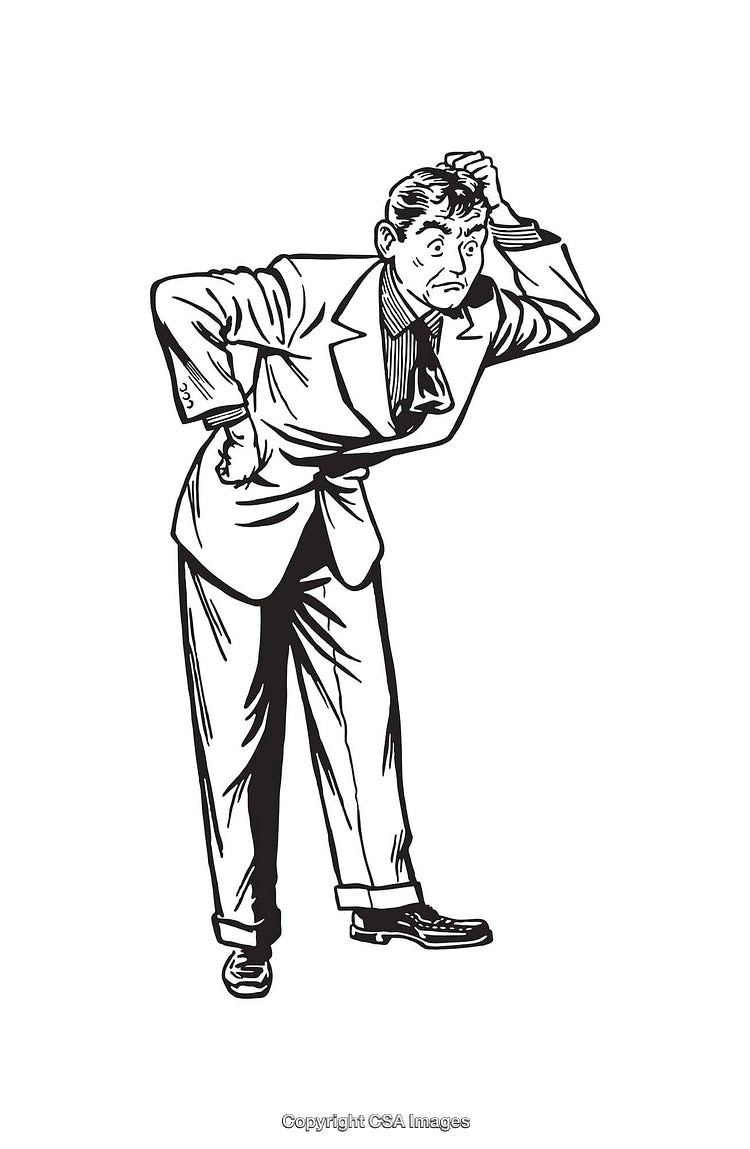 Black and White Illustration of a Thoughtful Hand-Standing Businessman