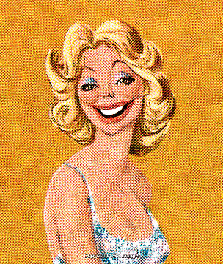 Retro Illustration of a Smiling Blonde Woman on a Yellow Background