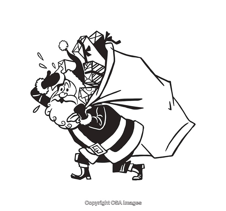 Santa Claus Carrying Overfilled Gift Sack in Black and White Line Art