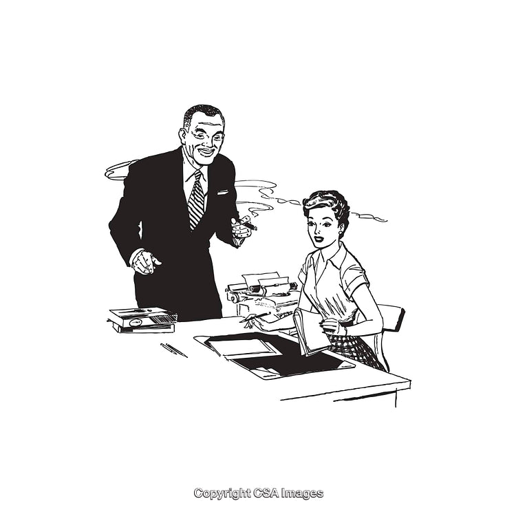Vintage Office Scene Depicting Colleagues Collaborating in Black and White Illustration