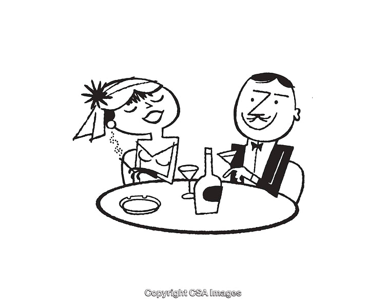 Playful Vintage Line Art Couple Enjoying Drinks and Dinner Together