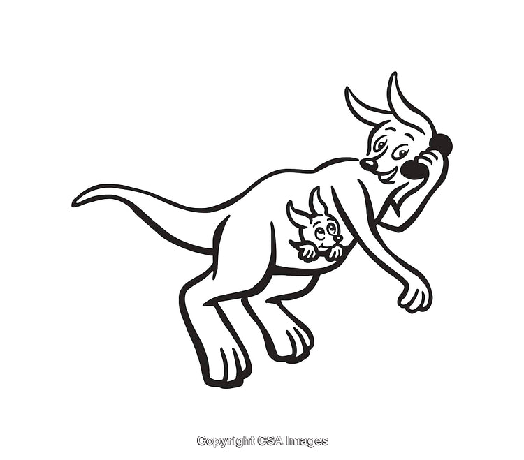 Black and White Line Art of Kangaroo and Joey with a Phone