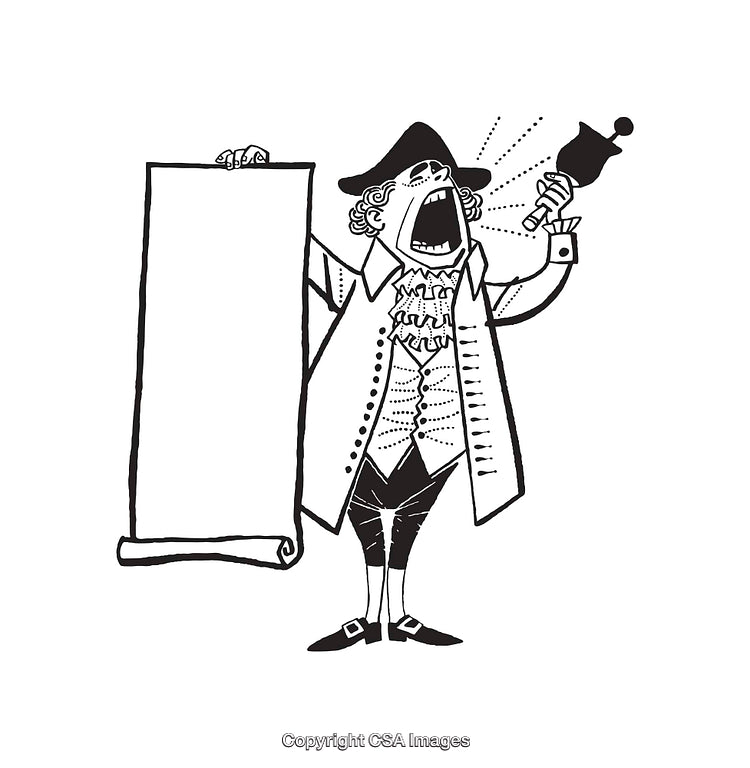 Black and White Illustration of a Historical Town Crier Holding a Scroll
