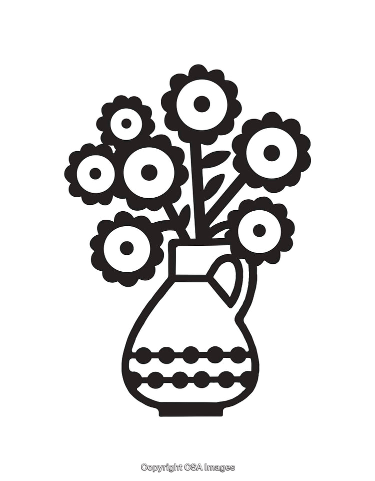 Black and White Line Art Illustration of Flowers in a Vase