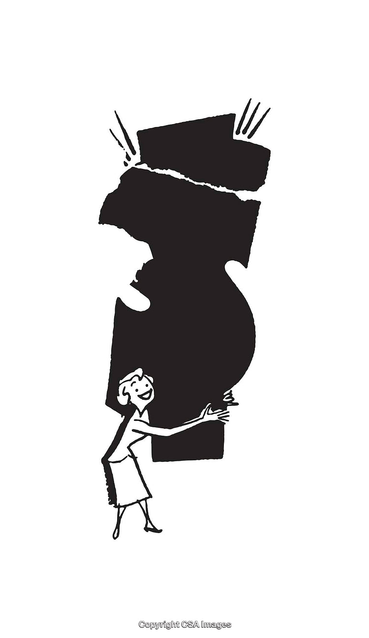 Black and White Illustration of a Woman Hugging a Large Dollar Sign