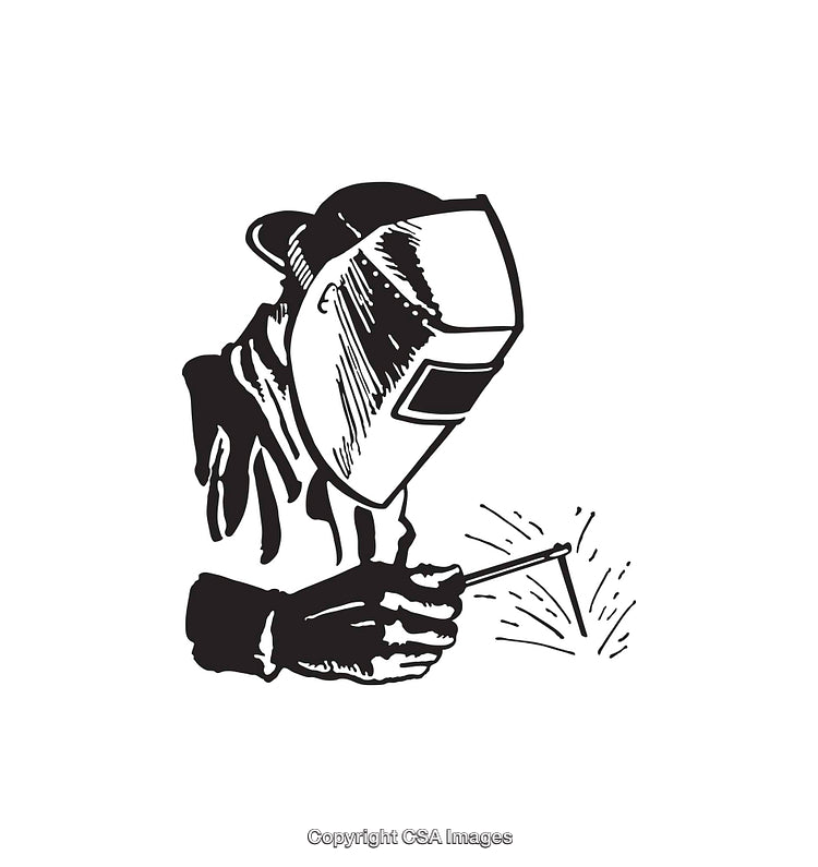 Black and White Line Art Illustration of a Welder in Action