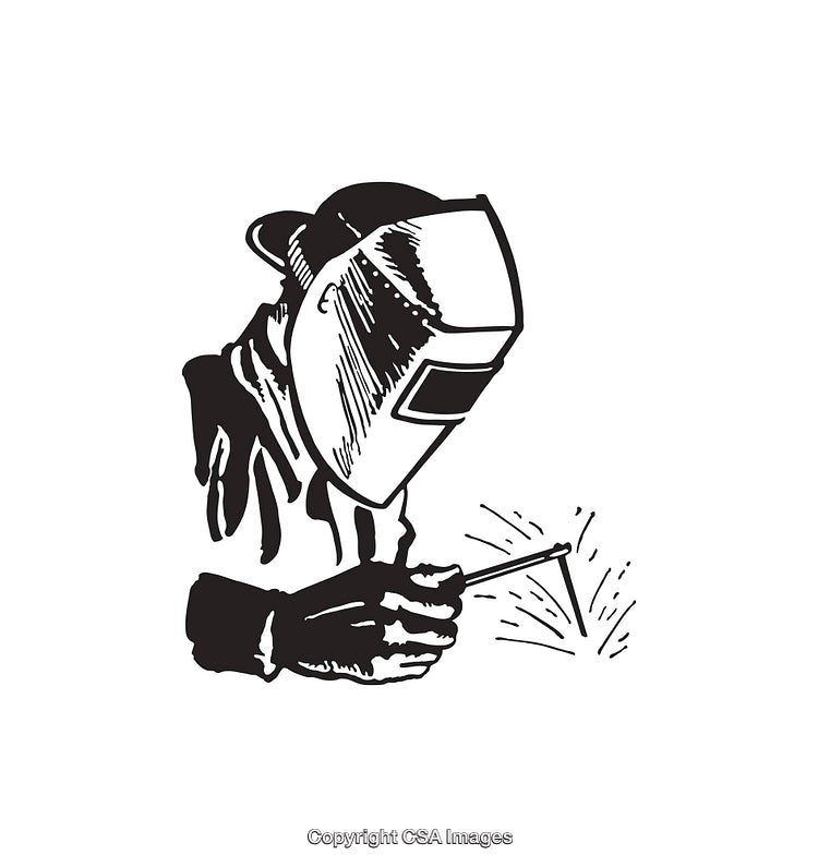 Black and White Line Art Illustration of a Welder in Action