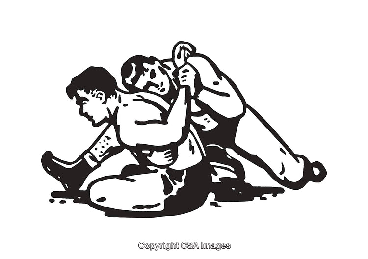 Black and White Illustration Depicting a Wrestling Moment in Action