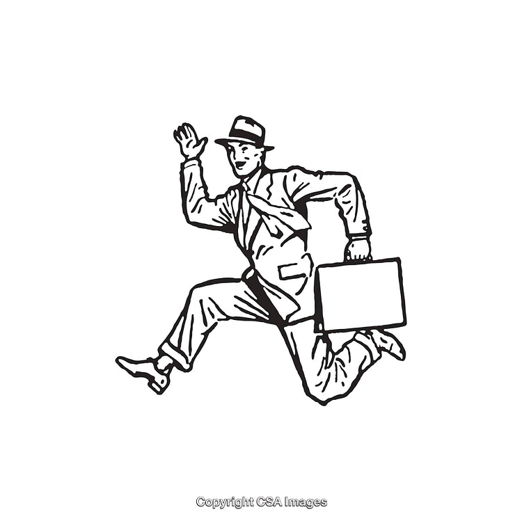 Vintage Line Art of a Running Businessman Holding a Briefcase