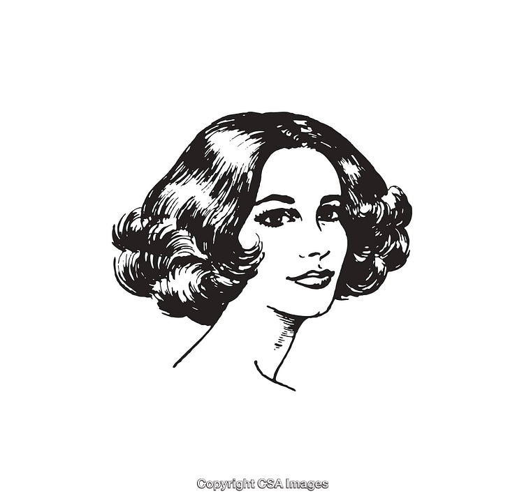 Vintage Black and White Line Art of a Woman with Classic Hairstyle