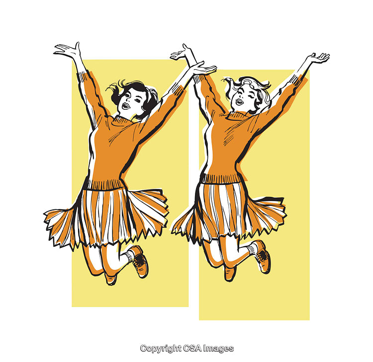 Vintage Style Illustration of Joyous Women Jumping in Delightful Cheer