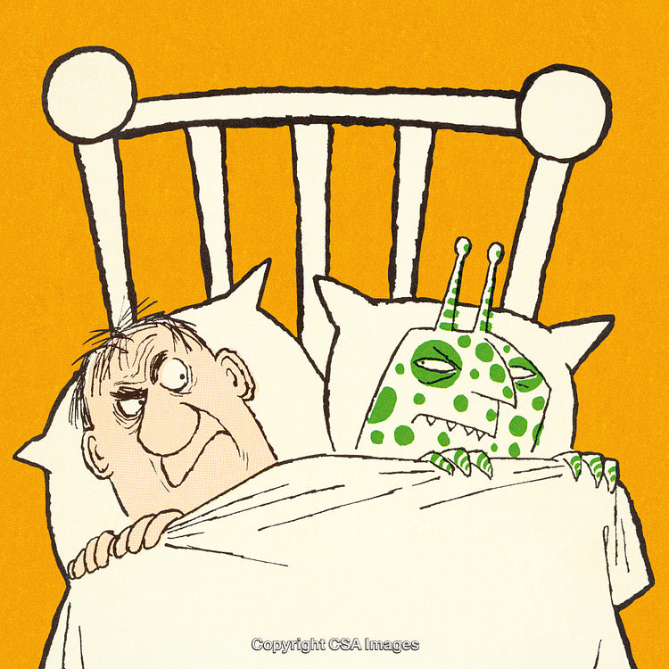 Humorous Illustration of a Man Surprised by Alien in Bed