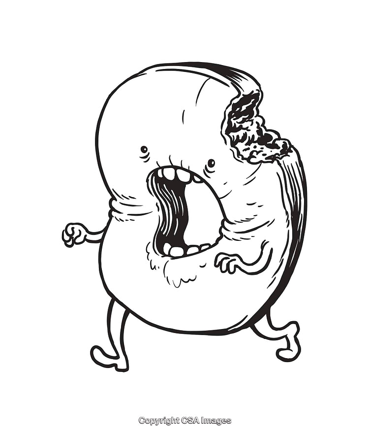 Funny Cartoon Bagel with Bite as Black and White Line Art