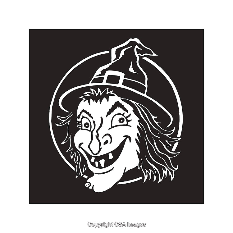 Black and White Line Art of a Wicked Smiling Witch Face