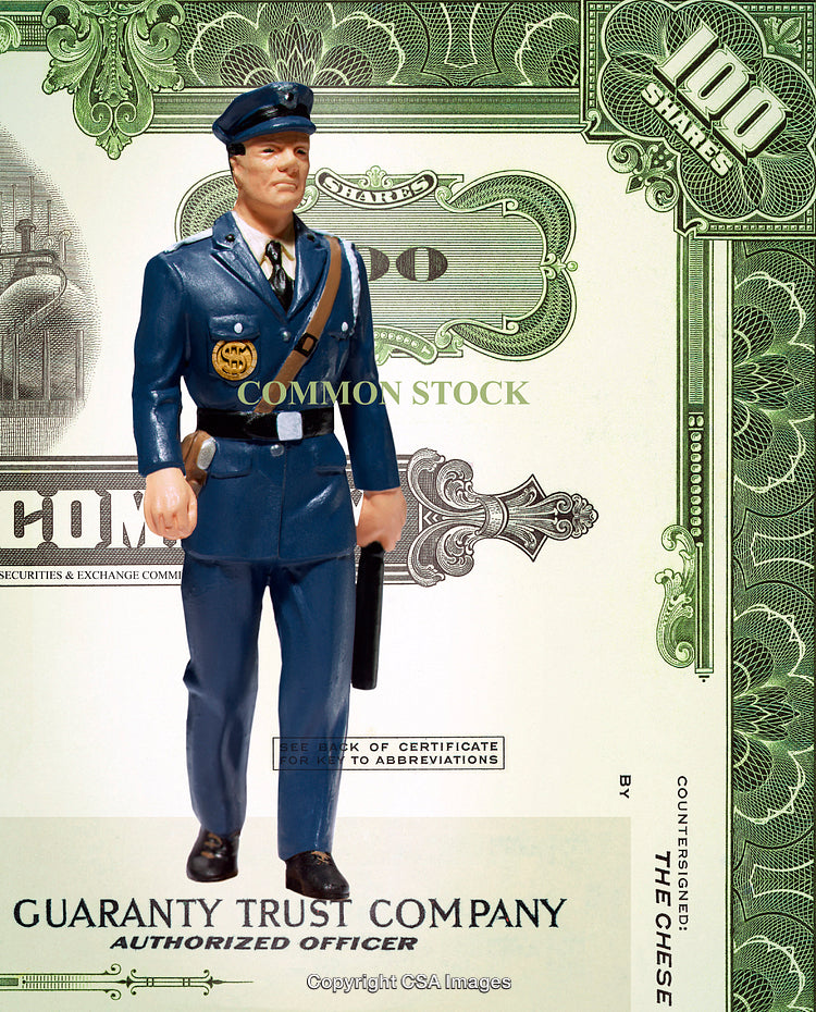 Security Officer Figure Posed in Front of a Stock Certificate Artwork