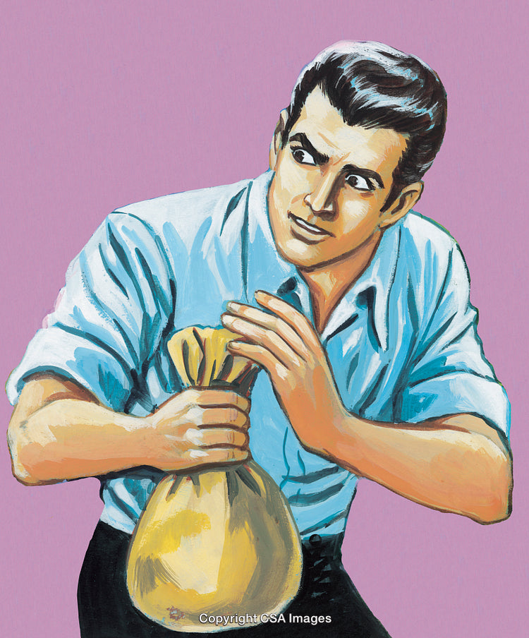 Retro Illustration of a Suspicious Man Holding a Money Bag on Pink Background