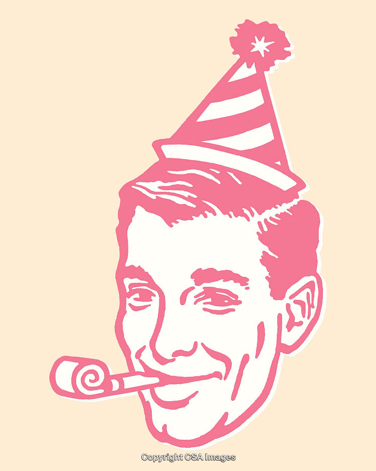 Retro Style Illustration of a Festive Man with Party Hat and Blower