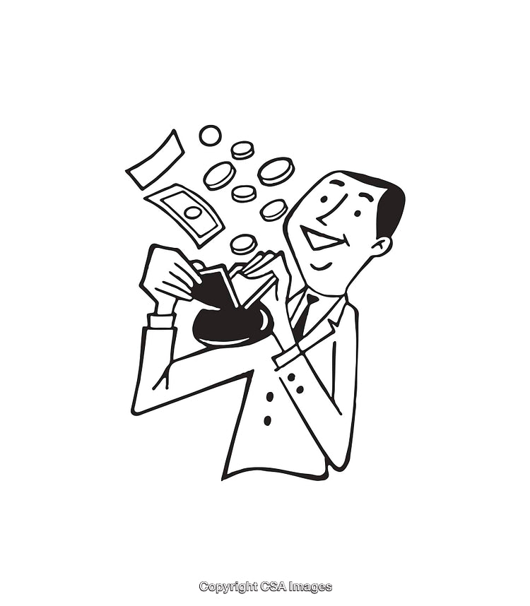 Businessman Smiling While Collecting Money in Black and White Illustration
