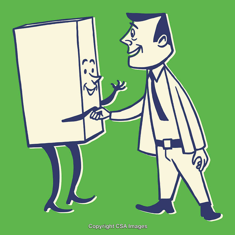 Whimsical Illustration of a Businessman Shaking Hands with a Smiling Box